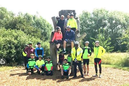 ECC riders in and around the Giants Chair statue in the Lea Valley